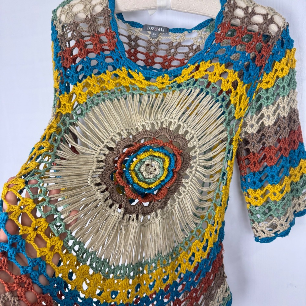 Roz & Ali Crochet Knit Top S/M Boho Hippie Multicolor‎ Festival Tunic - Picture 3 of 11